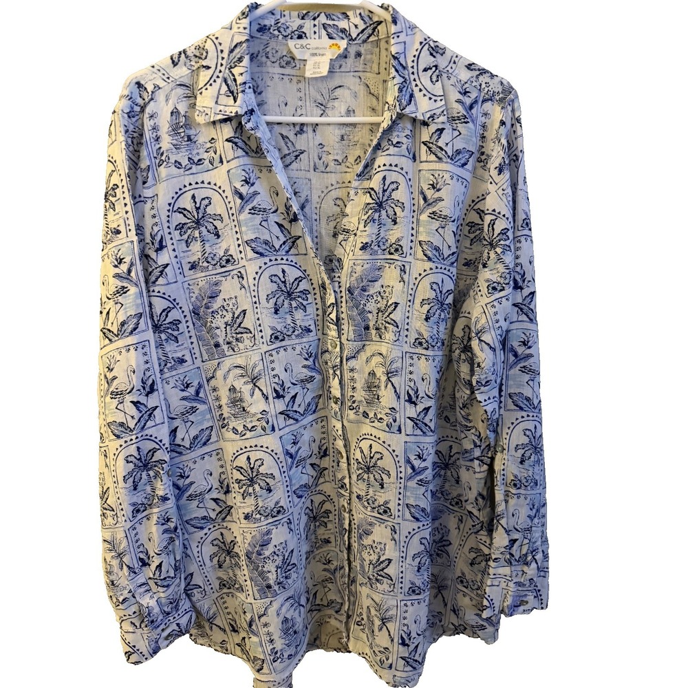 C&C California 100% Linen Tropical Print Top Shirt Size XL